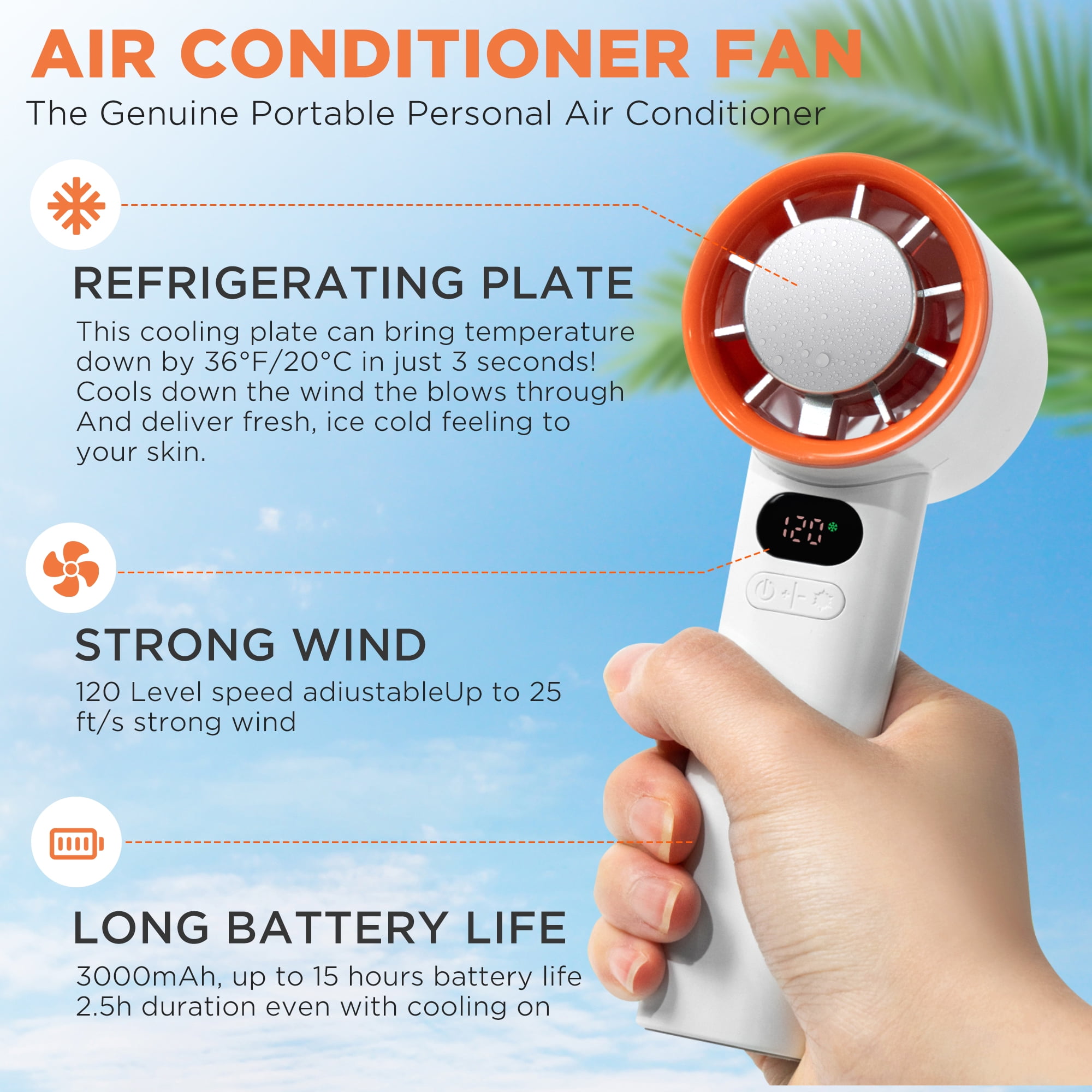 Portable Handheld Turbo Fan With Ice Cooling, Adjustable Mini HandFan Speed(1-120) 15000 RPM Powerful Fast Cooling Ice Air Conditioner Fan, Digital Display, for Summer Travel Beach Outdoors, White
