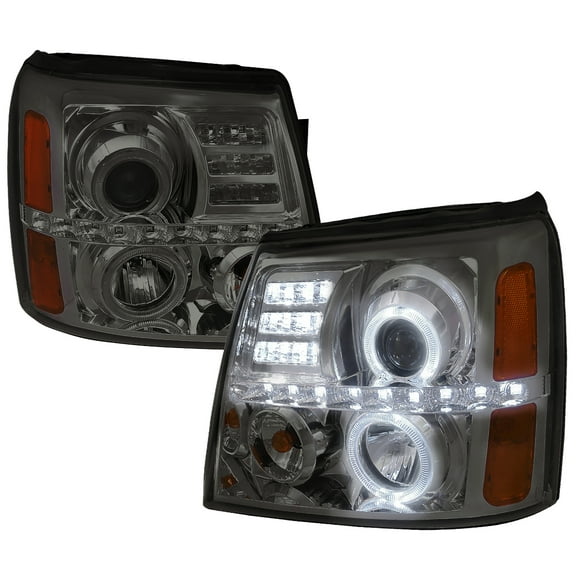 Dual Halo Projector Headlights w/ SMD LED Light Strip (Chrome Housing/Smoke Lens) Made for and Compatible with 2002-2006 Cadillac Escalade