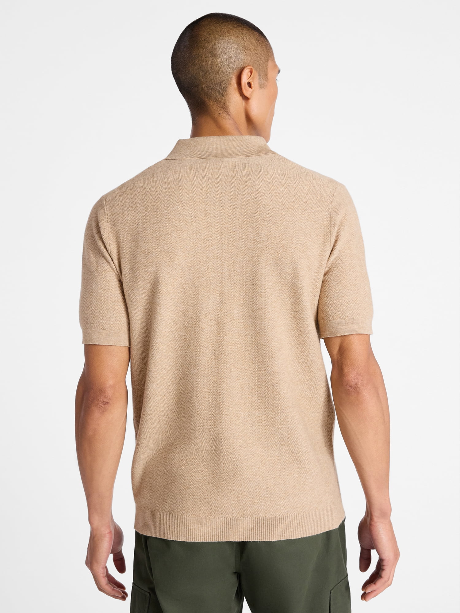 Free Assembly Men's Cozy Yarn Herringbone Polo Sweater with Short Sleeves, Sizes S-3XL