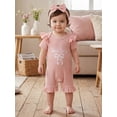 thumbnail image 4 of BemeyourBBs She‘s Here Baby Girls Spring Summer Fall Clothes Newborn Baby Girl Hospital Going Home Outfit Waffled Romper Bow Letter Print Ruffle Short Sleeve One Piece Jumpsuit with Headband, 4 of 9