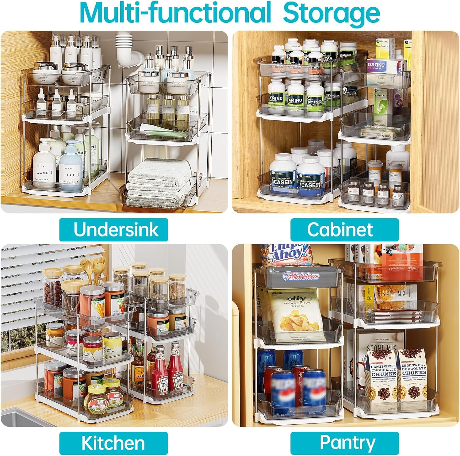3 Tier Pull-Out Under Sink Organizer Storage, Delamu Bathroom Stackable Pantry Counter Sliding Cabinet Organization and Storage, 2 Sets, Gray