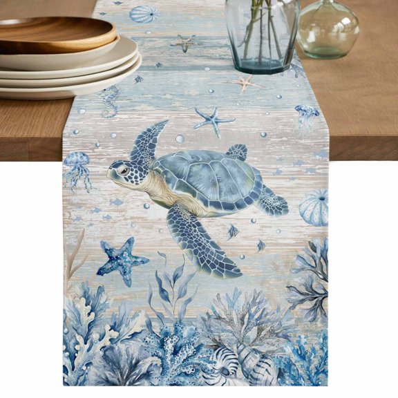 Blue Sea Turtles Table Runner 108 Inches, Coastal Vintage Ocean Sea Starfish Coral Bed Runner Dresser Scarves Tabletop for Indoor Outdoor Parties/Ceremony/Banquet, 13"x 108"