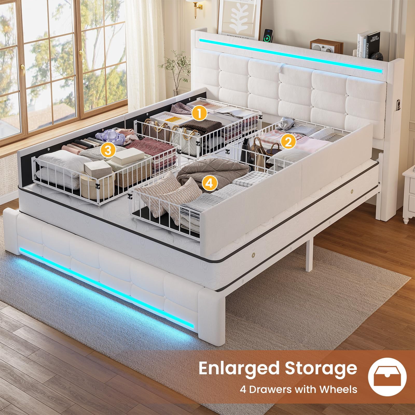 Amuzer Queen Bed Frame with Storage Headboard & 4 Drawers, LED Light,Charging Station, Leather Upholstered Platform Bed Frame with Button Tufted, No Box Spring Needed, White PU