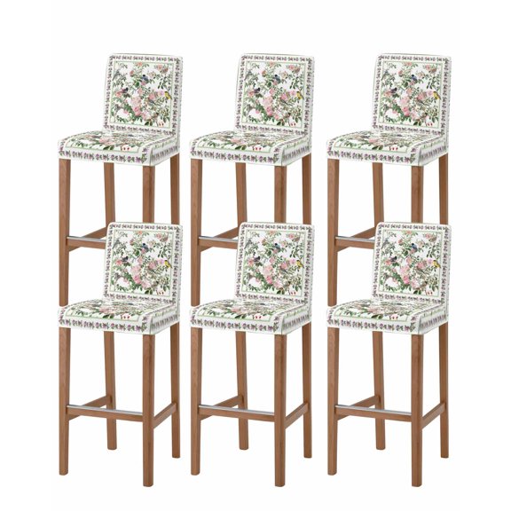 Pink Spring Floral Bar Stool Covers Set of 6, Elegant Pastoral Flowers Birds Watercolor Stretch Bar Chair Covers with Backs, Removable Pub Counter Height Chair Cover for Kitchen Dining Room Cafe
