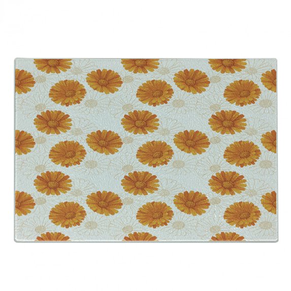 Burnt Orange Cutting Board, Blooming Calendula Flowers Watercolor Botany Themed Composition, Decorative Tempered Glass Cutting and Serving Board, Small Size, Burnt Orange and White, by Ambesonne