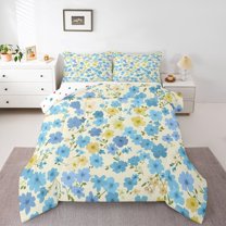 Homewish Kawaii Rustic Flower Full Size Comforter Sets,Rustic Farmhouse Cabin Bedding Comforter Set,Yellow Blue Bedding Sets For Girl,Microfiber Bedroom Decor Reversible,3 Pieces