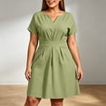 thumbnail image 4 of Karymi Plus Size Notch V-Neck A-Line Dress, Short Sleeve Waist Pleated Flare Dress with Pockets, Solid Casual Work Dress Wedding Guest Dresses for Women, 4 of 7