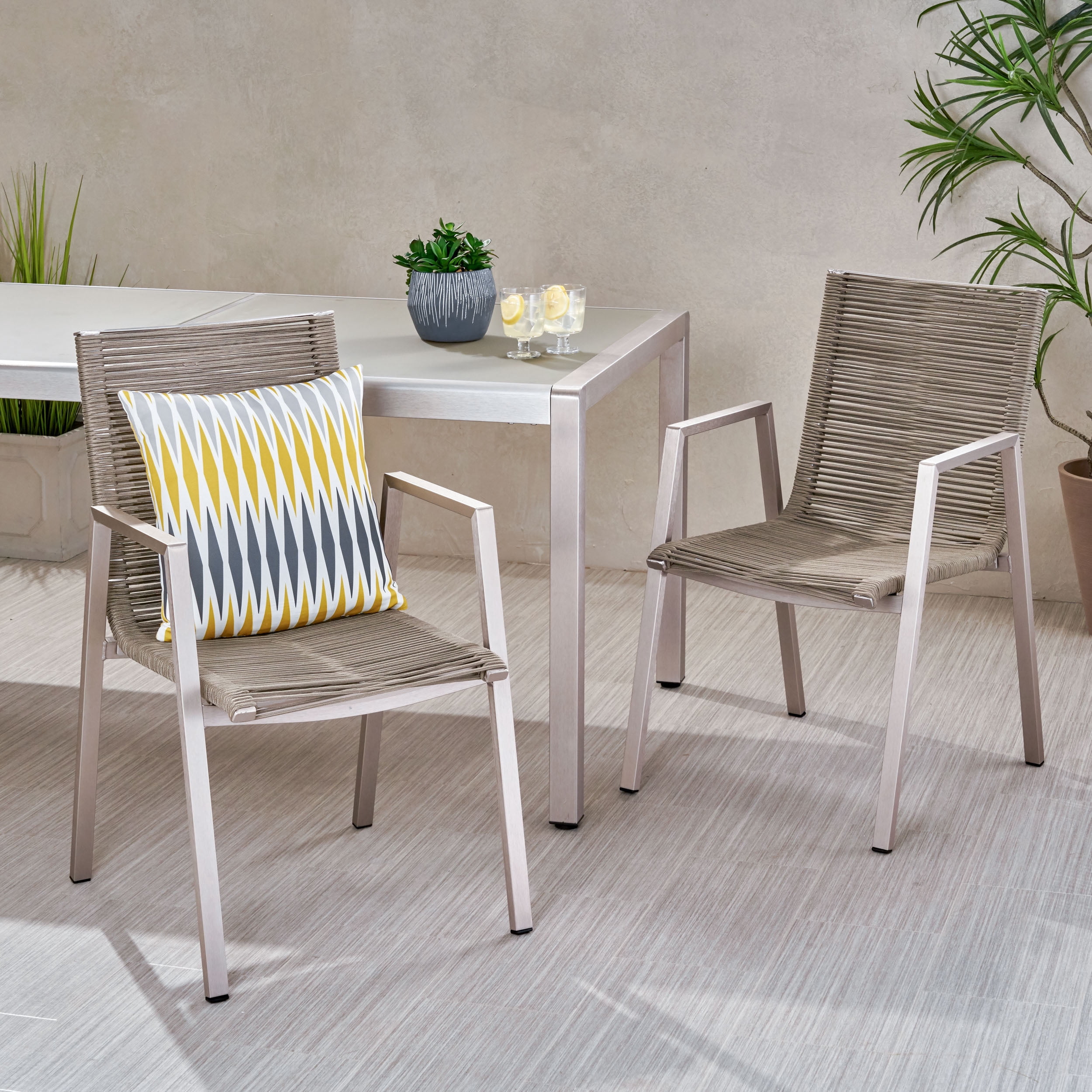 Outdoor Rope Surface Dining Chair Set of 2, Aluminum Frame Household Seats for Patio Garden, Silver and Taupe