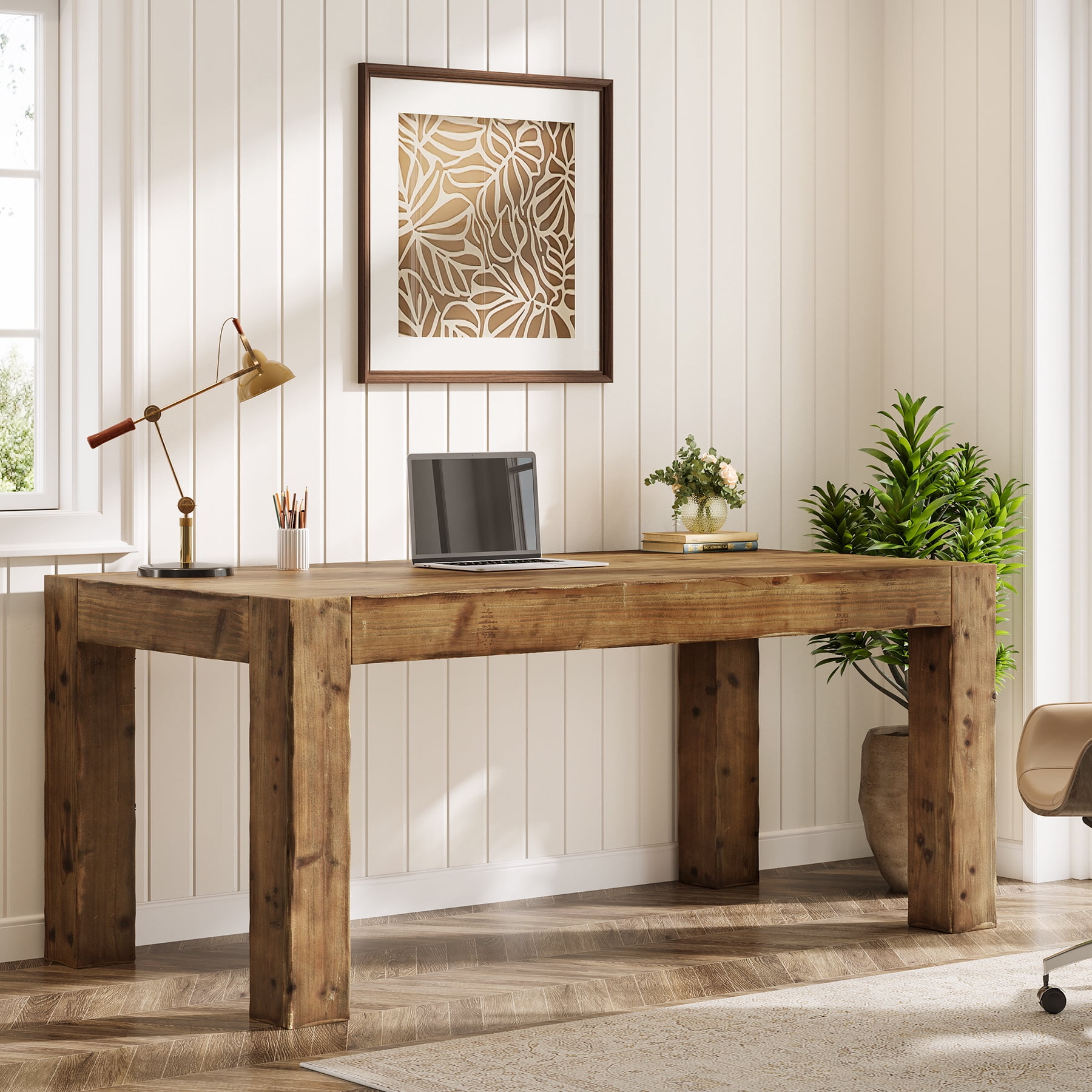 Finmind 63-inch Solid Wood Executive Desk, Farmhouse Wooden Home Office Computer Desk, Large Writing Study Table for Home Office, Rustic Brown