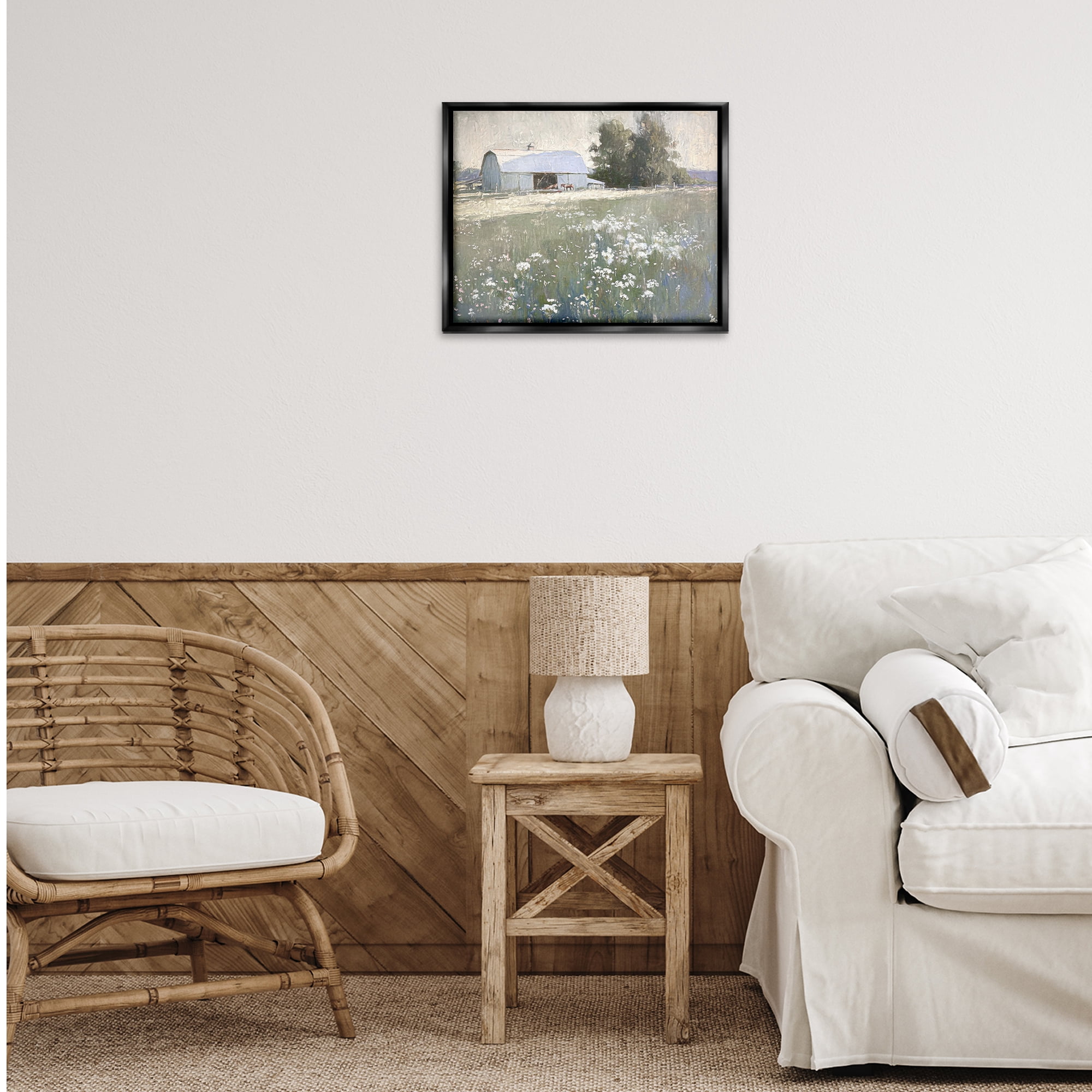 Stupell Industries Peaceful Farm Pasture Landscape Painting Black Floater Framed Canvas Art Print Wall Art, 21 x 17