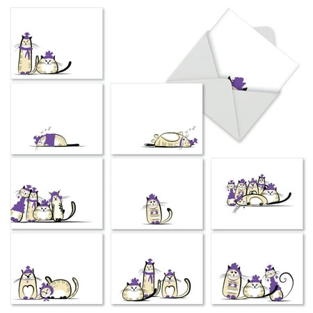 'M2966 PURPLE PURRS' 10 Assorted Thank You Note Cards Featuring Sweet And Sassy Kitty Friends Dressed in Purple with Envelopes by The Best Card