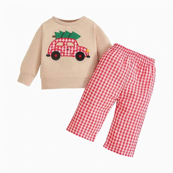 2-3 Years Toddler Toddler Baby Boy Christmas Car Smocked Outfit Long Sleeve Sweatshirt Plaid Pants 2 Piece Clothes Red Girl Winter Sleepwear Set