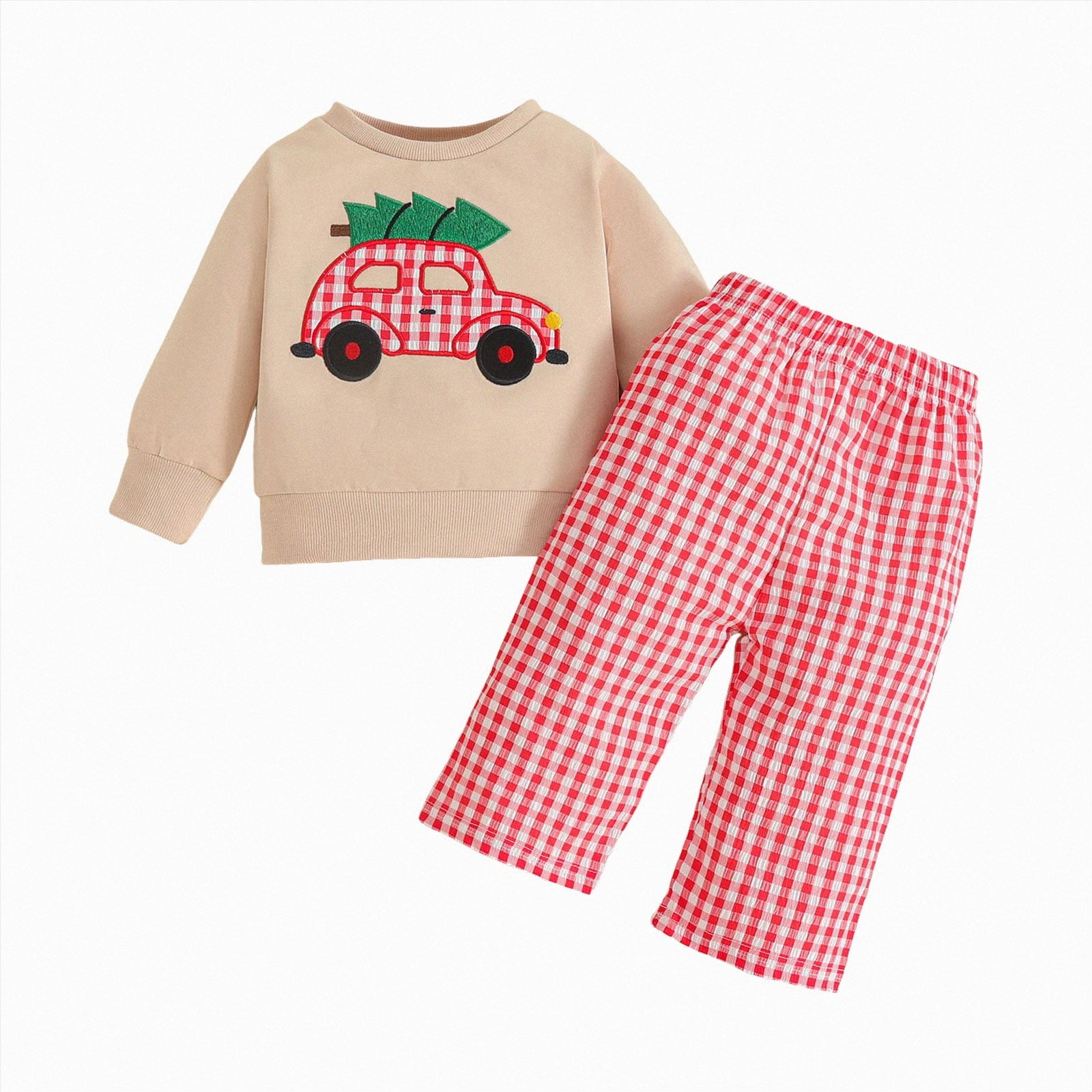 2-3 Years Toddler Toddler Baby Boy Christmas Car Smocked Outfit Long Sleeve Sweatshirt Plaid Pants 2 Piece Clothes Red Girl Winter Sleepwear Set