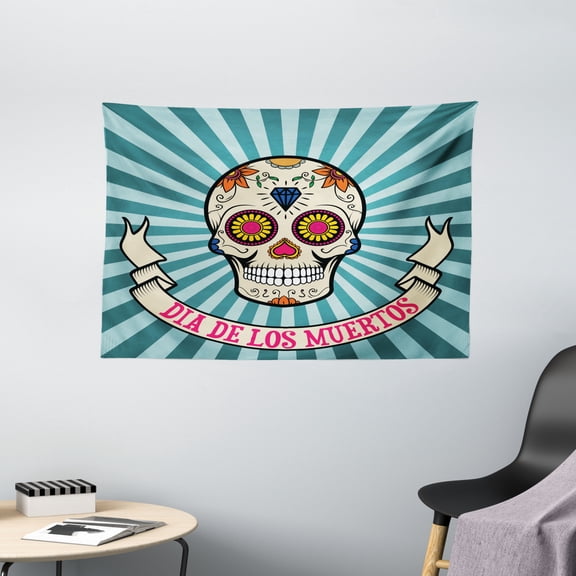 Sugar Skull Tapestry, Graphic Sugar Skull Ornamented with Diamond Leaf and Heart Shapes for Carnival, Wall Hanging for Bedroom Living Room Dorm Decor, 60W X 40L Inches, Multicolor, by Ambesonne