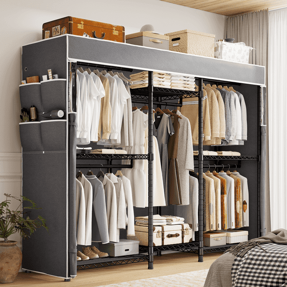 EnHomee Heavy Duty Clothes Rack with Zippered Cover,Extra-Wide Metal Wardrobe Closet Organizer with 5 Rods & 8 Shelves,900 lbs Capacity,Black