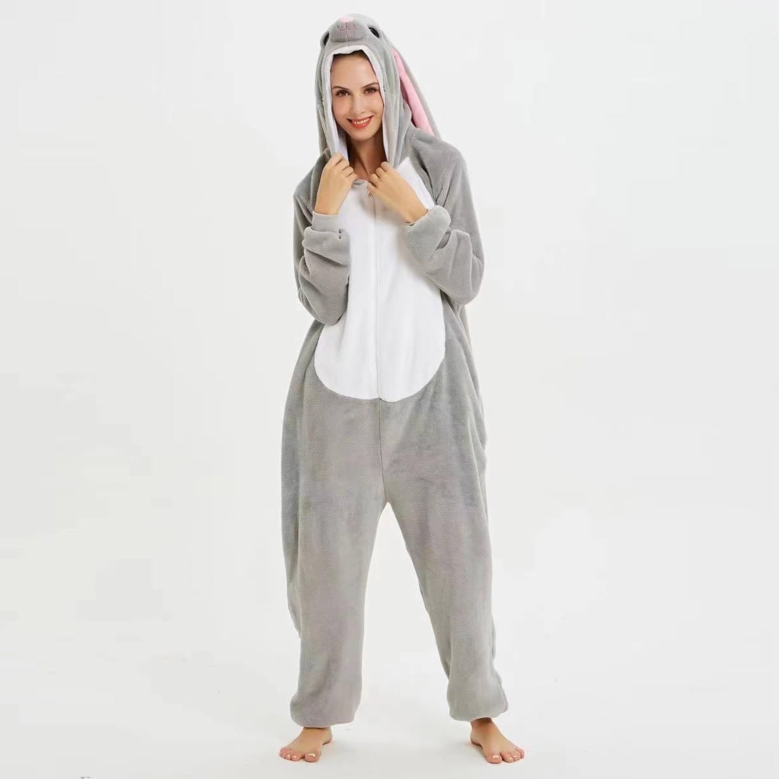 Fjofpr Womens Plush Hooded Jumpsuit Sherpa Fuzzy Pajamas 2025 Plus Size Long Sleeve Cute rabbit One Piece Onesie Winter Warm Rompers Sleepwear Winter Warm Rompe Sleepwear Gray L