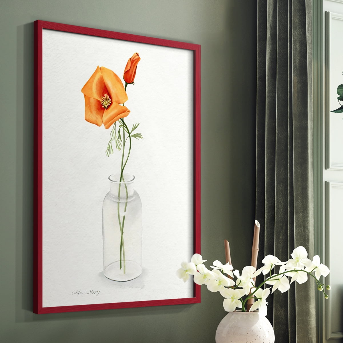California Poppy Vase I Framed Print in Red Solid Wood Framed Print No Nail Hanging