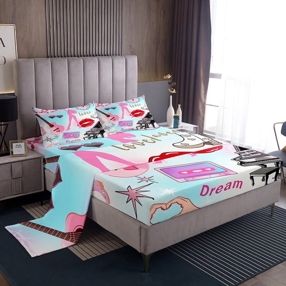 Erosebridal Guitar Piano Sheet Set Twin,Red Lips Bedding Sets Twin Size,Music Theme Twin Sheet Sets,Lightweight Dreamy Bedroom Decorative,3pcs