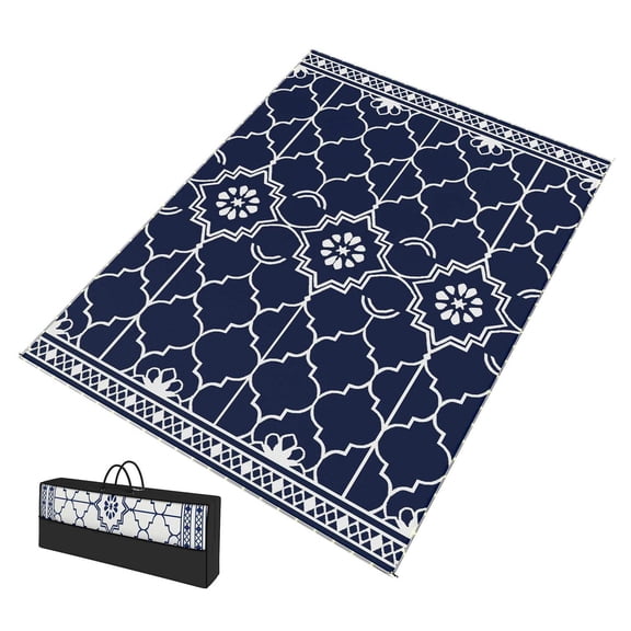 Outdoor Rug with Lights 12x9ft, Reversible Patio Rug PP Straw, Carry Bag & Stakes