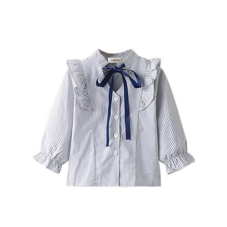 

stylesilove Kids Girl Stand Collar Long Sleeve Ruffle Trim Stripe Cotton Shirt (120/4T Grey)
