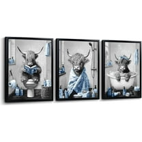 Hieng Highland Cow Bathroom Wall Art 3 Piece Funny Bathroom Pictures Canvas Print Grey and Blue Decor Unframed