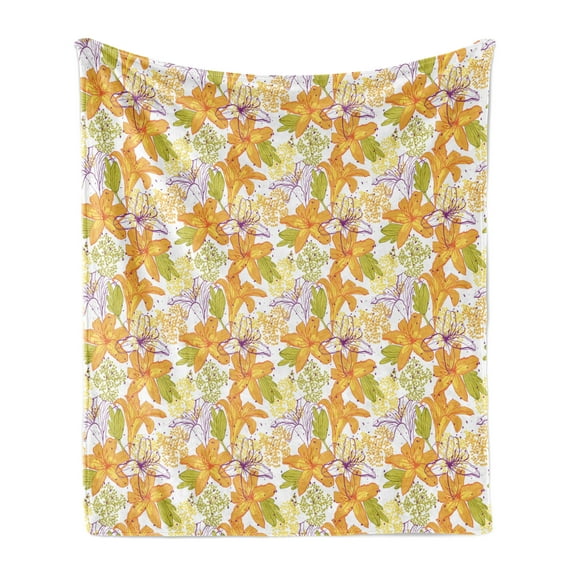 Floral Soft Flannel Fleece Throw Blanket, Giant Lily Flowering Petals Exotic Blooms Hawaiian Bouquet Beauty, Cozy Plush for Indoor and Outdoor Use, 50" x 70", Apple Green Marigold, by Ambesonne