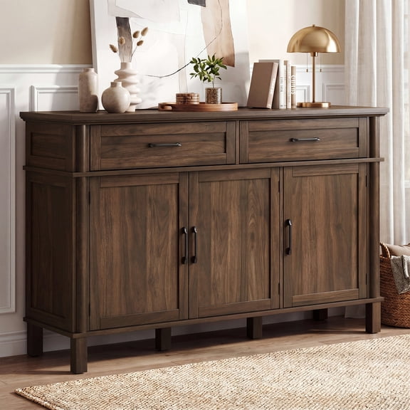 ROGALIS 55"Buffet Cabinet with Storage,Farmhouse Buffet Sideboard with 2 Drawers 3 Doors Adjustable Shelves,Coffee Bar Cabinet with Adjustable Shelves for Kitchen Living Room,Walnut