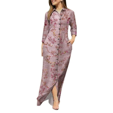 

Ladies Lapel V Neck Long Sleeve Robe Long Prints Dress Buttons Shirt Long Dress