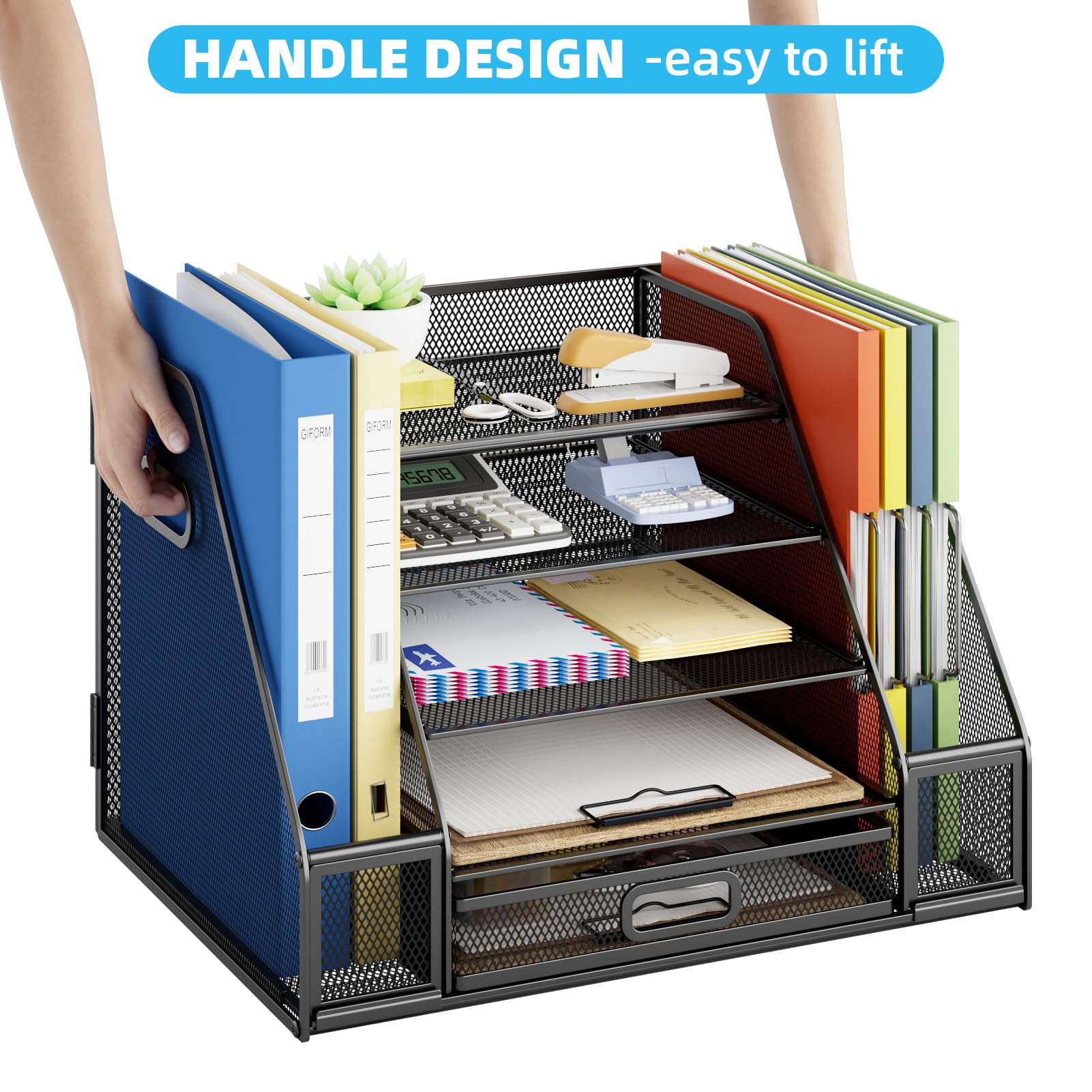Marbrasse Desk Organizers with File Holder, 5-Tier Paper Letter Tray Organizer with Handle, Extra Vertical File Sorter with Drawer and 2 Pen Holder