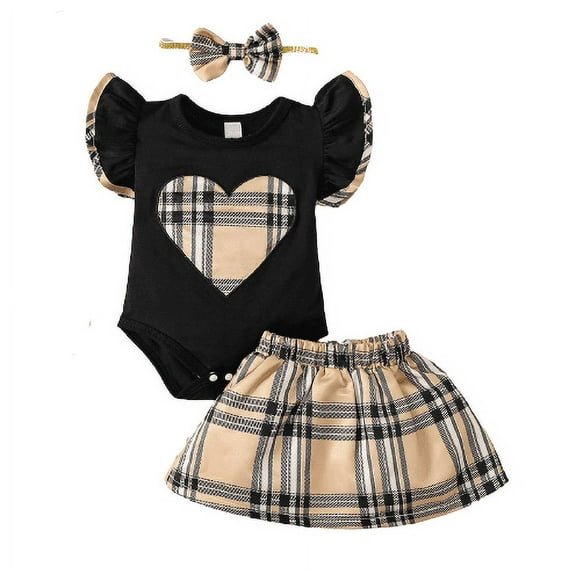 Mikrdoo Infant Baby Girls Clothes Summer 18 Months Baby Girls Ruffle Heart Pattern 24 Months Baby Girls Sleeveless Bodysuits Plaid Skirts Headband 3Pcs Outfit Sets Black