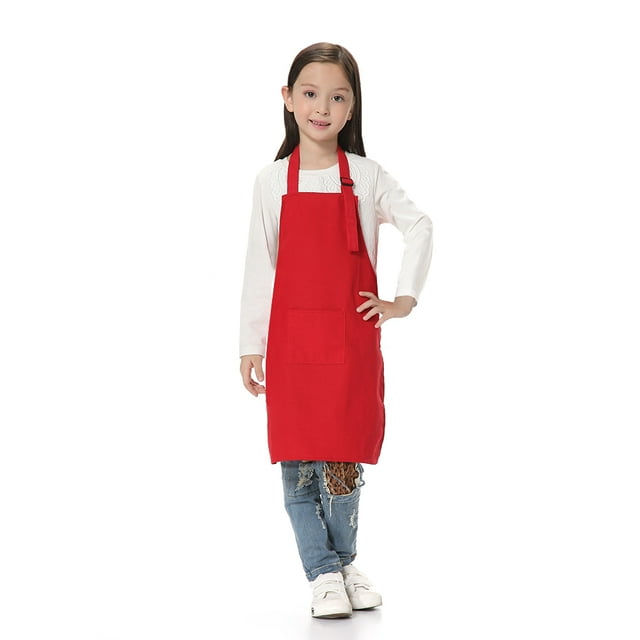 TOPTIE Kids Aprons with Pocket & Adjustable Strap, Child Chef Bib Apron for Kitchen Cooking Baking Painting-Red-L