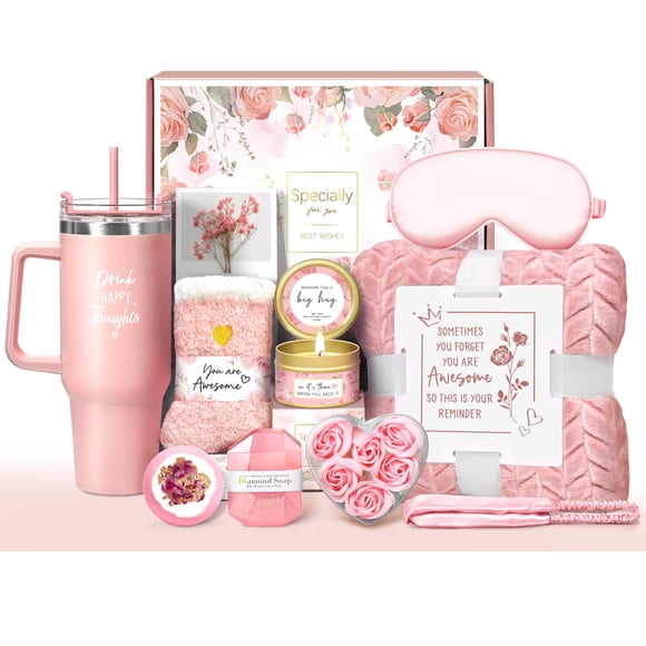 Canasta de Regalo Oufrenn Rosa Relax Spa con Manta y Vaso Térmico