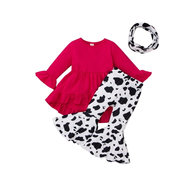 Xingqing Toddler Baby Girls Automne Clothes 3pcs Volant Robe à Manches Longues Tops + Pantalon Évasé + Ensemble de Foulard Rose Rouge 3-4 Ans