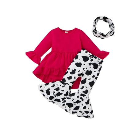 

Coduop Toddler Baby Girl Outfits Long Sleeve Ruffle Tops and Flare Pants 3PCS Set 1-4 Years