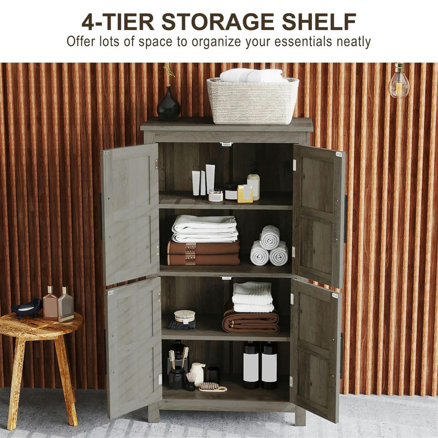 Demi Bonn 43" Farmhouse Bathroom Floor Cabinet, Freestanding Storage Cabinet with Adjustable Shelf and 4 Doors, for Living room, Entryway, Kitchen, Gray