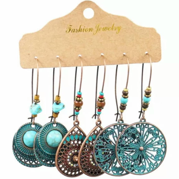 GKNET Fashion Boho Gypsy Earrings Set Women Ethnic Long Tassel Ear Hook Drop Dangle-3 pairs Round waterdrop turquoise