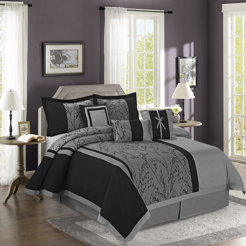 7-Piece Gray Jacquard Patchwork Comforter Set – King Size, All-Season Soft Microfiber Bedding with Comforter, Shams, Bed Skirt & Pillows