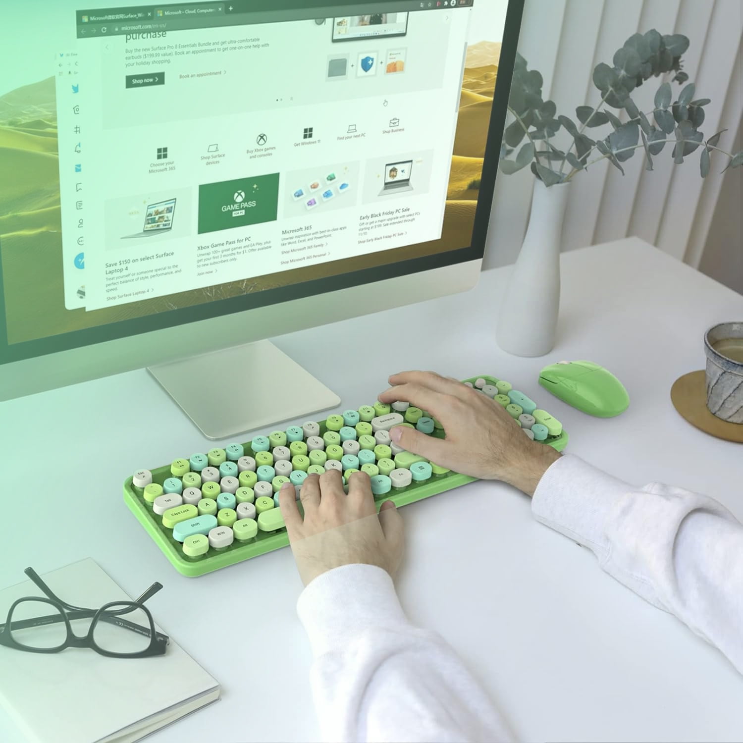 MOFII Wireless Keyboard and Mouse Combo 2.4GHz Retro Full-Size Keyboard with Number Pad and Cute Wireless Mouse for PC Desktop Laptop Mac Windows (Green)