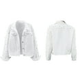 thumbnail image 2 of Women'S Pearl Denim Jacket Cropped Rhinestones Jean Jacket Coat White S, 2 of 5