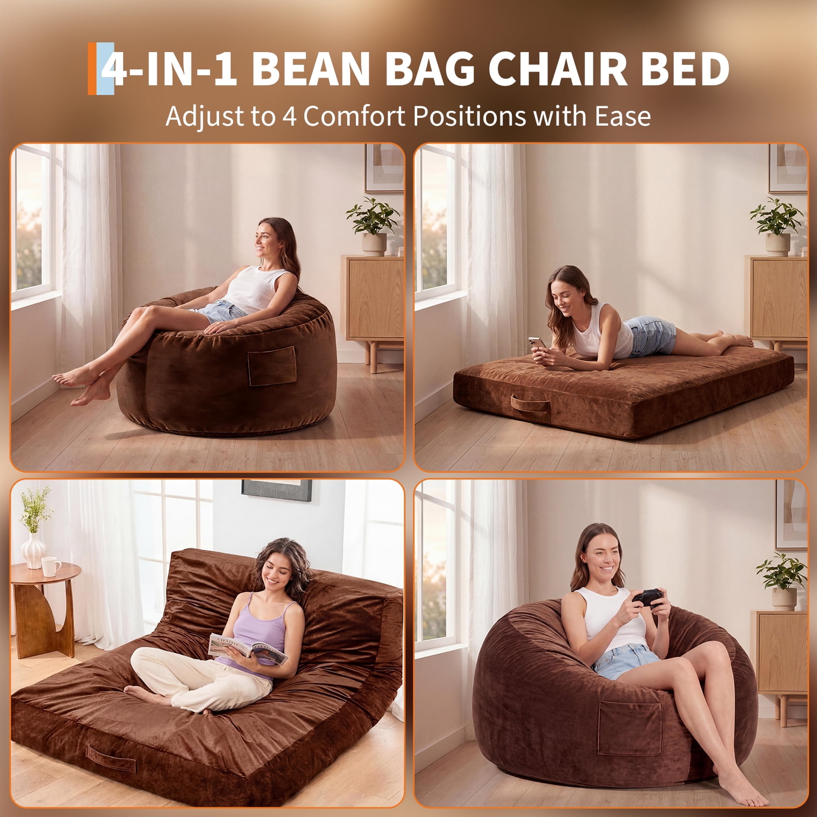 4 in 1 Convertible Bean Bag Chair Bed for Adults 4ft Large Beanbag Chair with High Memory Foam Filler and Removable Cover, Oversized Comfy Flannel Bean Bag Couch Bed Lazy Sofa for Adults Teen
