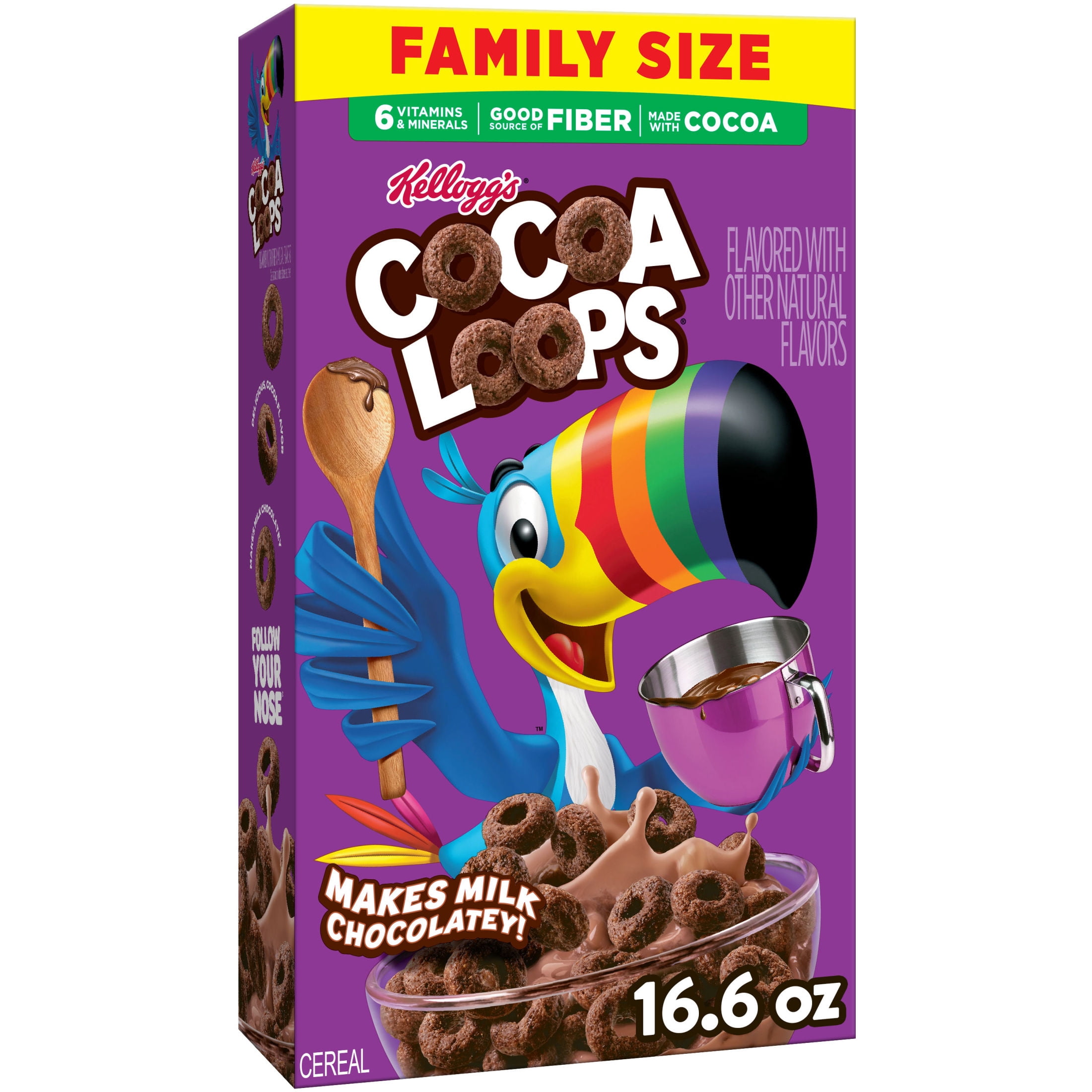 (6 pack) Kellogg's Cocoa Loops Original Breakfast Cereal, Good Source of Fiber, Family Size, 16.6 oz