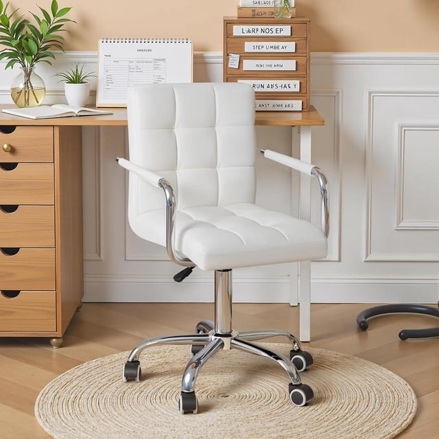 Homall Mid-Back Adjustable Office Desk Chair Faux Leather Ribbed Task Chair Vanity Chair with Armrest, White