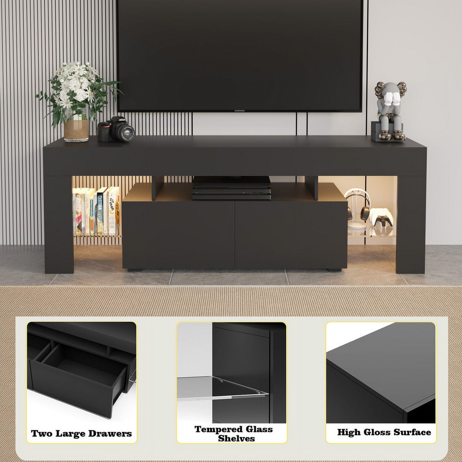 Homall 63'' TV Stand for TVs up to 70'', TV Stand with Remote LED Lights, Black Modern Entertainment Center with Soft-Close Drawers & Adjustable Shelves for Living Room, Black