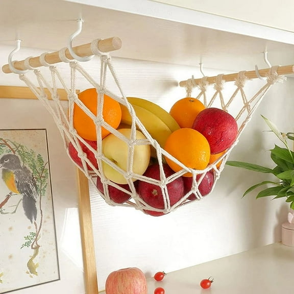 Qnjujn Handwoven Rope Hanging Basket - Stylish Kitchen Storage Net for Fruits, Vegetables & Organizing - Space-Saving Under Cabinet Design, Sturdy Hooks for Home, Pantry & Farmhouse Decor