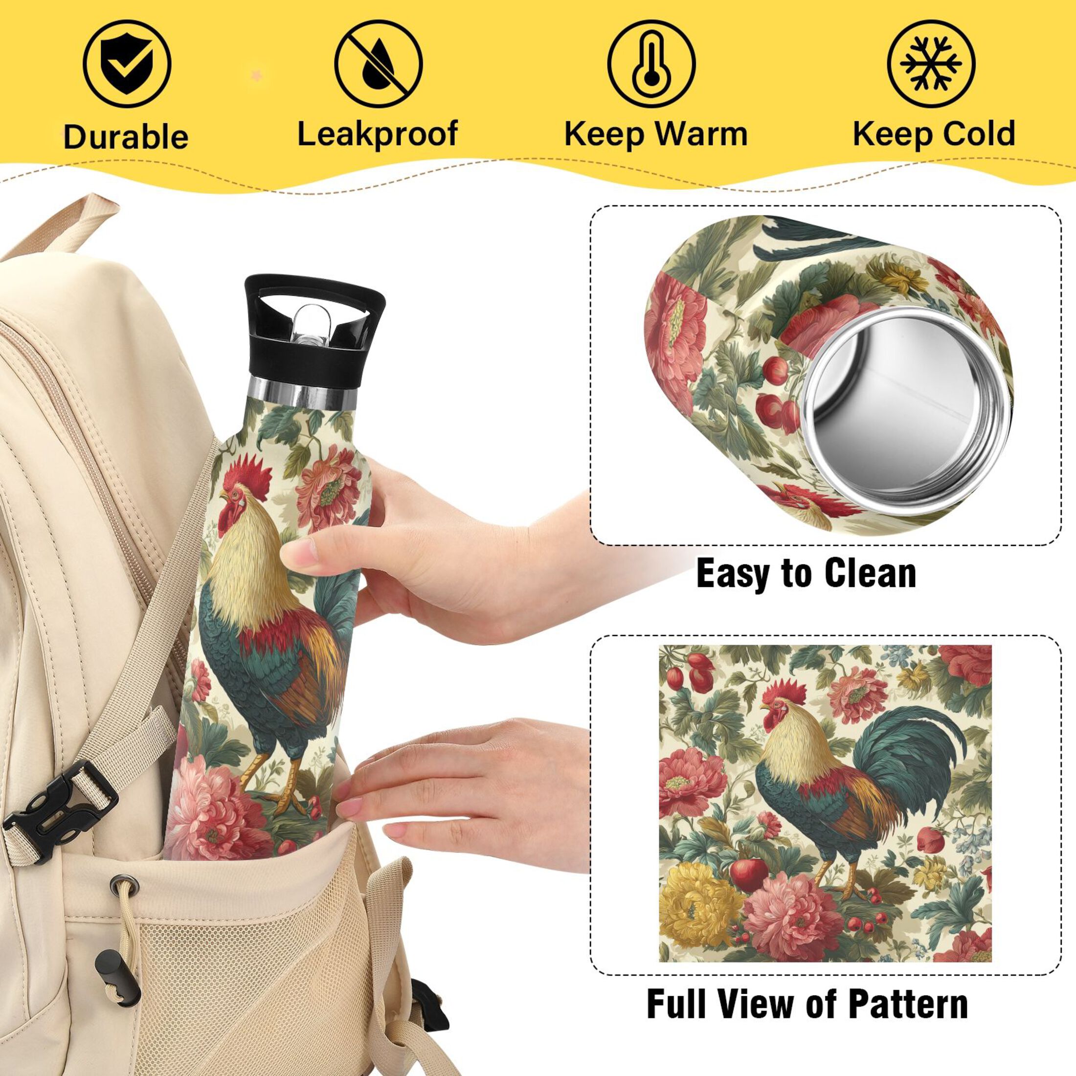 Kids Insulated Stainless Steel Sports Water Bottle 600ml (20oz) Rooster and Vintage Floral