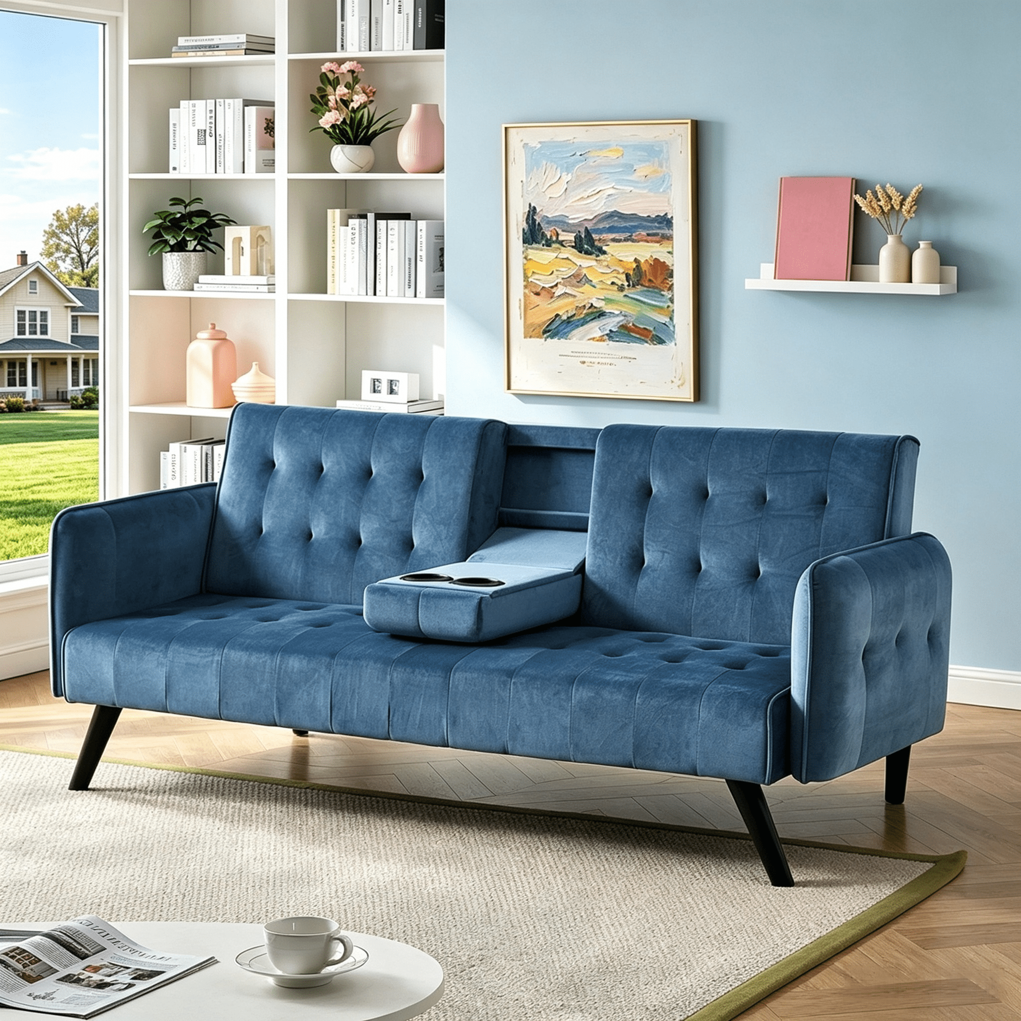 Gewnee 72" Convertible Sofa Bed,Tufted Velvet 3‑Seater Folding Futon Sleeper Couch with Cup Holders,Modern Couch for Home and Guest Room，Blue