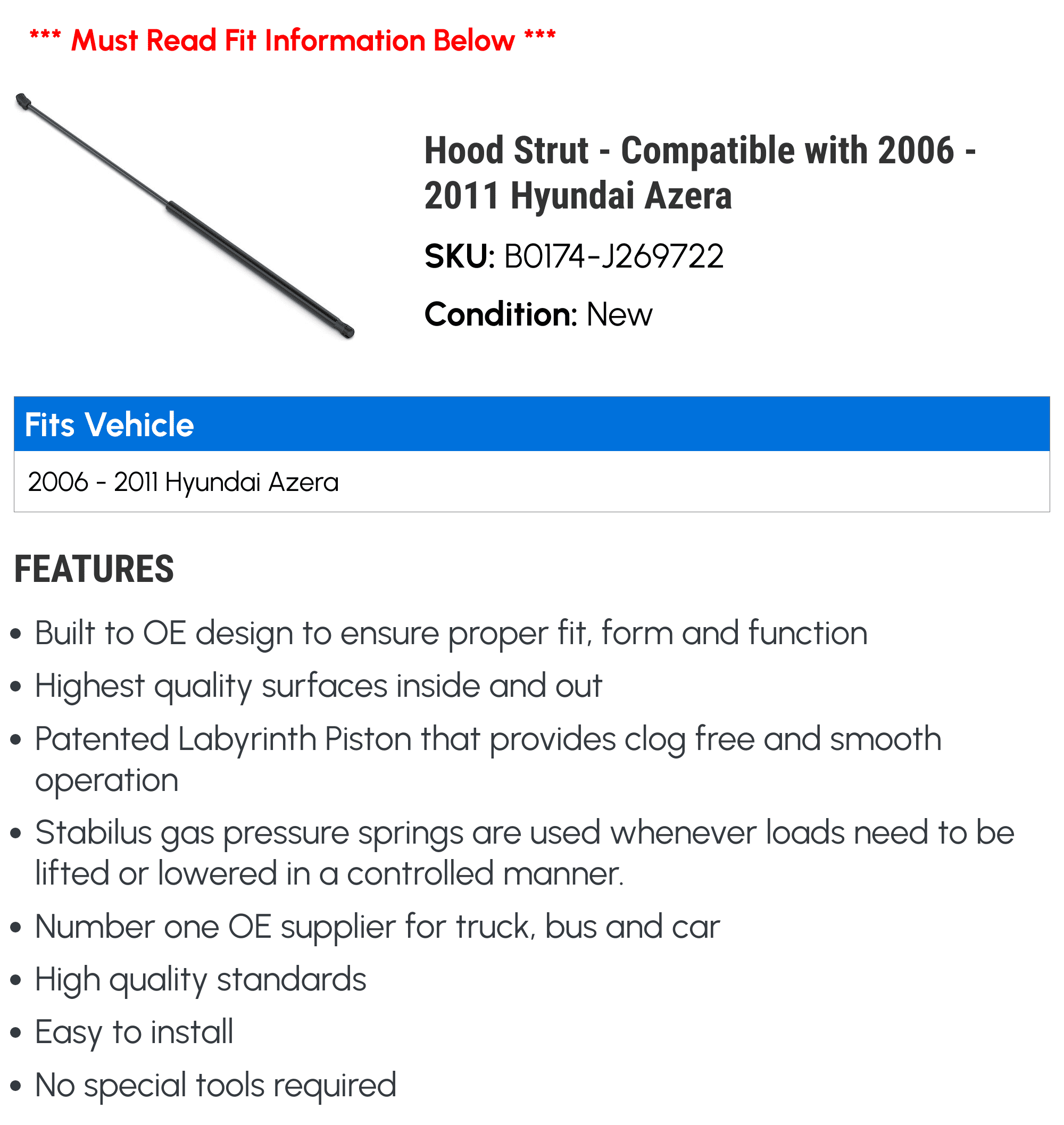 Hood Strut - Compatible with 2006 - 2011 Hyundai Azera 2007 2008 2009 2010