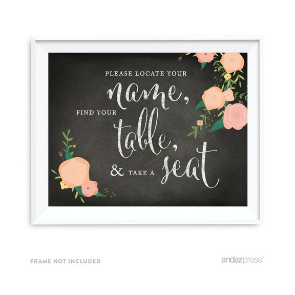 Locate Your Name, Find Table, Take Seat Chalkboard & Floral Roses Wedding Party Signs