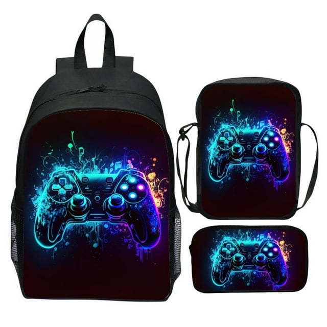 Ediodpoh Gaming Backpack Set Of 3 Printed Controller Sling Bag And Pencil Lightweight Casual Backpack For School Travel And Parties C