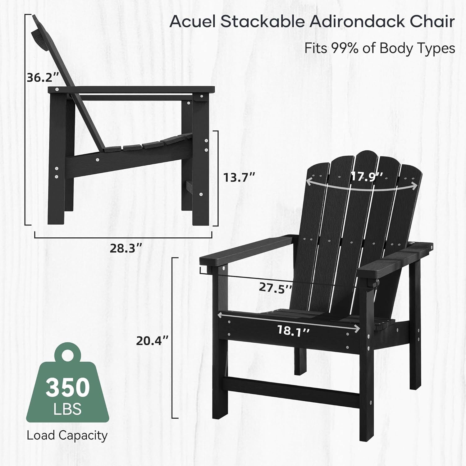 GONICHA Stackable HDPE Adirondack Chairs Set of 2 – Durable, Weather-Resistant Outdoor Patio Seating, Low Maintenance Poly Lumber Chairs for Porch, Deck, Garden, Fire Pit (Black)